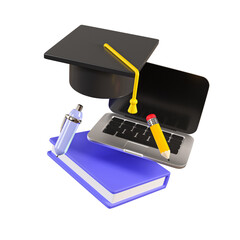 Floating laptop, a book, and a graduation cap. Online education 3D illustration