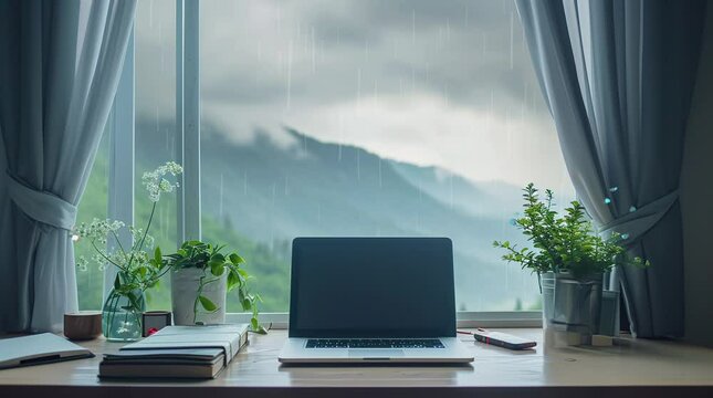 Laptop by Window: Contemplating the Overcast Outdoors Seamless looping 4k time-lapse virtual video animation background. Generated AI