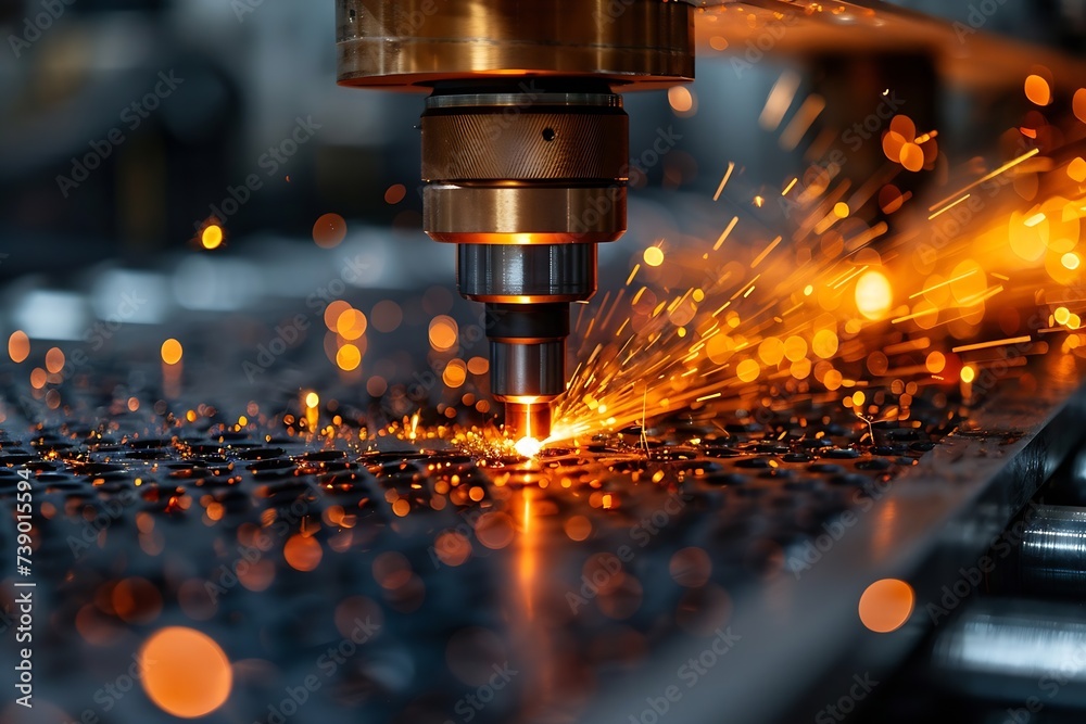 Leinwandbilder generative ai : macro cnc laser machine cutting sheet metal with light spark.