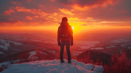 Generative AI : Silhouette of young free man wearing sweater open both arms standing and watched beautiful view sunset alone 