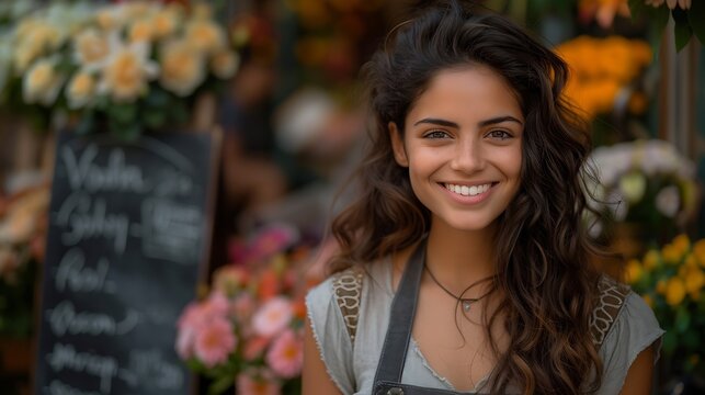 Generative AI : Woman inviting to her flower shop. Beautiful smiling young florist in apron holding open sign. 