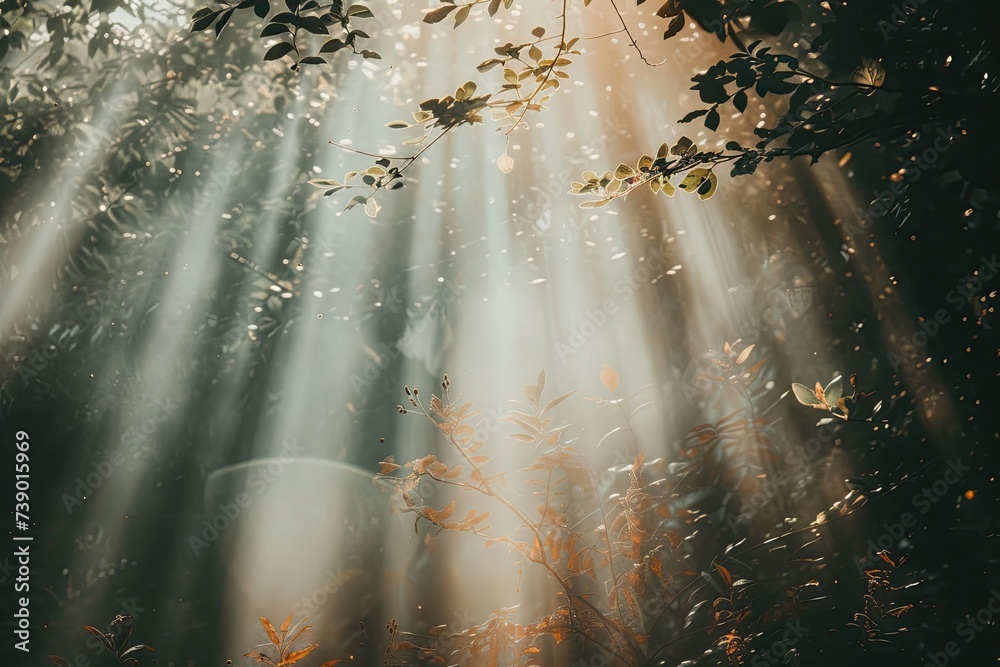 Poster a dense forest with sunlight streaming through the branches.
