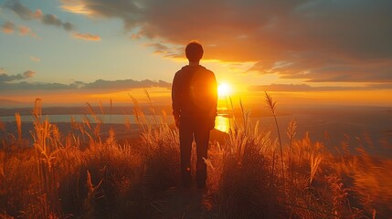 Generative AI : Silhouette of young free man wearing sweater open both arms standing and watched beautiful view sunset alone 
