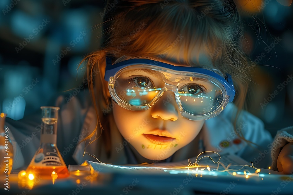 Poster Generative AI : child making science experiments. Education.