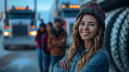 Female truck driver with a logistics team, illustrating the power of teamwork and the pivotal role of women in the transportation industry's future