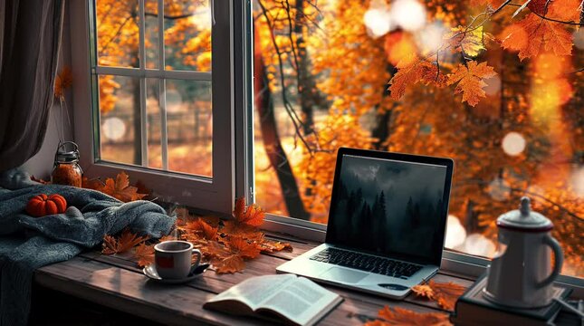 Autumn Coffee Break by Window with Laptop, Cozy Workspace Vibes Seamless looping 4k time-lapse virtual video animation background. Generated AI