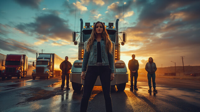 Innovative team of logistics experts led by a skilled female truck driver, demonstrating collaboration and expertise in the transportation sector