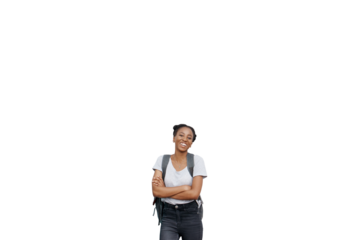 Portrait, smile or student with confidence, arms crossed and isolated on transparent png background. Happy, cheerful and assertive African woman or gen z female person for first day back to school