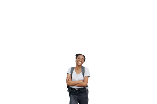 Portrait, smile or student with confidence, arms crossed and isolated on transparent png background. Happy, cheerful and assertive African woman or gen z female person for first day back to school