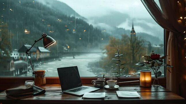 Rainy Valley Retreat: Laptop by the Window Amidst Valley Rain Seamless looping 4k time-lapse virtual video animation background. Generated AI