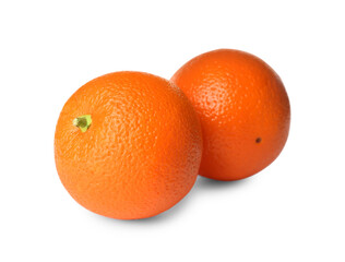 Delicious fresh ripe oranges on white background