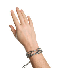 Freedom concept. Man with tied chains on his hand against white background, closeup