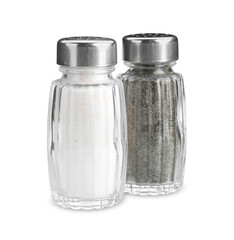 Salt and pepper shakers on white background