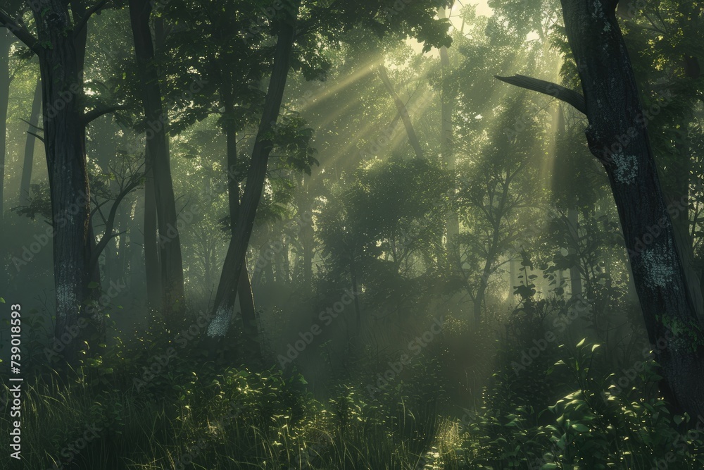 Poster a dense forest with sunlight streaming through the branches.