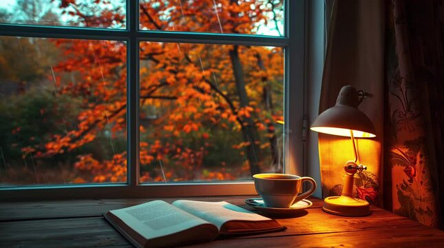 A cozy winter scene: Tea, book, and window offer warmth and relaxation Seamless looping 4k time-lapse virtual video animation background. Generated AI