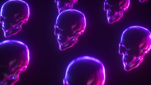 Rotating Neon Glowing Sculls Dark Background