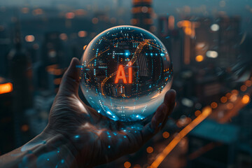 AI inside the glass ball, human hand holds a glass ball in its hand, artificial intelligence development, crystal ball, water ball, humans control aiSmart City，Machine Learning，Neural Networks