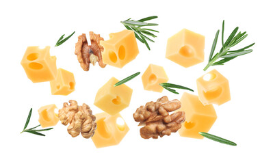 Cheese, walnuts and rosemary flying on white background