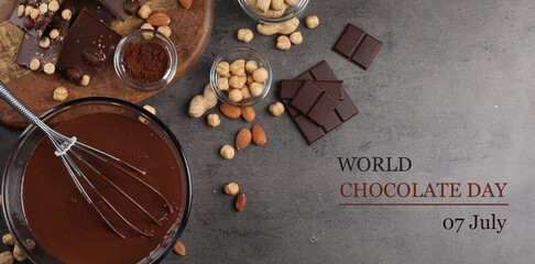World Chocolate Day - July 7. Making tasty chocolate cream or spread. Ingredients on grey table, flat lay. Banner design
