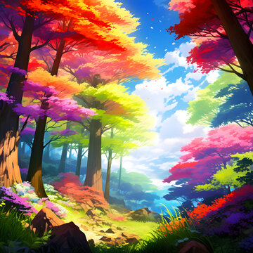 Beautiful anime-style landscape painting of a vividly colorful forest in autumn with foliage in green, red, orange, yellow, pink, and purple beneath a cloudy blue sky © EliasKelly