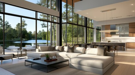 Luxurious Modern Interior with Panoramic Windows Overlooking Serene Lake