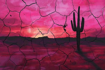 A cracked desert landscape with a cactus silhouette against a magenta sunset.
