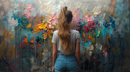 Talented little cute girl Artist Energetically and Violently Using Paint Brush he Creates Modern Masterpiece of the Oil Painting.generative ai