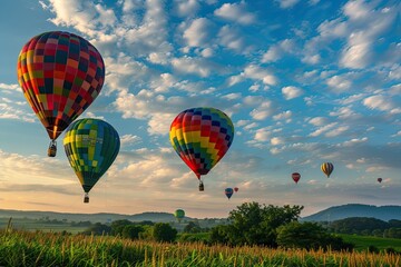 A family joyfully flying colorful hot air balloons over fields.