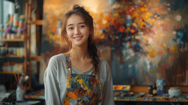 Talented little cute girl Artist Energetically and Violently Using Paint Brush he Creates Modern Masterpiece of the Oil Painting.generative ai
