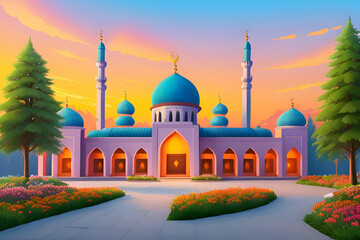 Fototapeta na wymiar Beautiful and colorful illustration of a mosque with trees, flowers and peaceful sky, amazing, serene, tranquil, vibrant