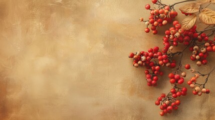 Autumn Elegance: Red Berries and Textured Foliage on Vintage Background