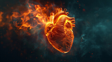 Human heart with a fire effect. 3d render of a burning organ with flames and smoke. Symbol of passion, anger and danger. Low poly style design. Dark background. Vector.