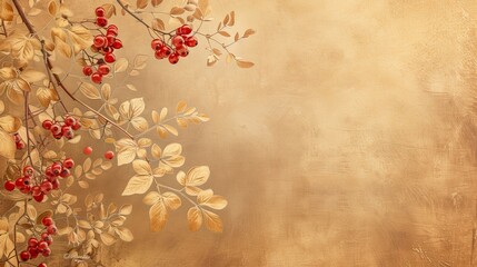Autumn Elegance: Red Berries and Textured Foliage on Vintage Background
