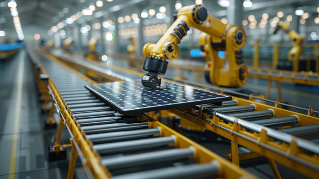 Solar panel placed on conveyor belt, operated by automatized robot arm, moving around facility,generative ai