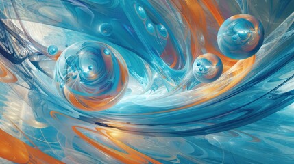 Futuristic abstract sphere design and swirls Digital art creation featuring futuristic abstract swirls in blue and orange floating spheres.