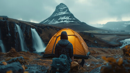 person feet inside of camping tent with view to mountain,generative ai