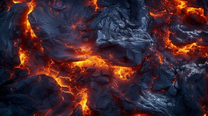Textured close-up of molten lava flows with glowing orange fissures, suitable for a dramatic natural disaster concept background with space for text