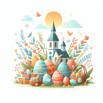 Easter vector illustration of church and easter eggs basket. Wallpaper Easter celebration on a white background with free space created with generative ai