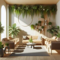 Scene of a waiting room, eco-friendly office, or eco-friendly & minimalist company with natural light, plants, and a vertical garden luxury office look created with generative ai
