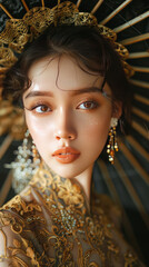 beautiful woman wearing a dress, half body photo, kebaya during the Majapahit kingdom era,generative ai