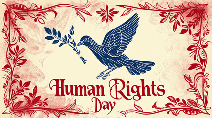 A card design featuring a dove carrying an olive branch, with "Human Rights Day" written in graceful script underneath.