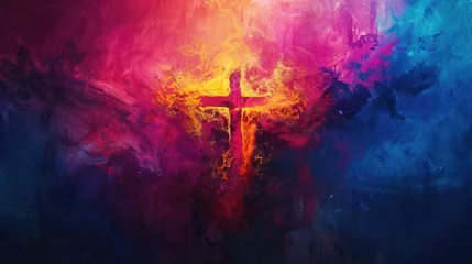 Foto op Canvas Vibrant Ash Wednesday poster, spiritual colorful abstract background, cross in center, religious cross as symbol of Holy Spirit. © Ulee