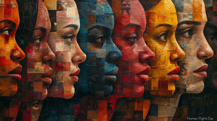 A card design showcasing a mosaic of faces from different cultures - obrazy, fototapety, plakaty