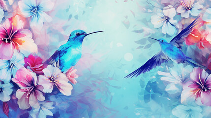 Fototapeta na wymiar two blue hummingbirds and flowers background painting with birds pink orange spring blooms blossoms plants cute beautiful refined elegant drawing banner decoration wallpaper