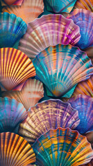 scallop shells cell phone background iridescent pattern wallpaper colorful green orange blue pink vivid shell mollusk hiny sparkling neon glossy mobile design illustration holographic foil