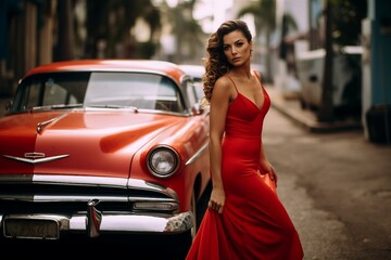Fototapeta na wymiar Enchanting portrait of a lady in a red gown, standing in front of a timeless car