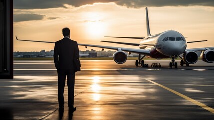 Businessman in a suit at a commercial airplane runway