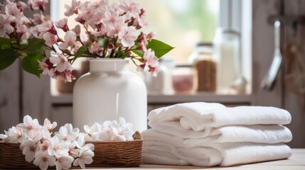 Fototapeta na wymiar Towels detergent and fabric softener