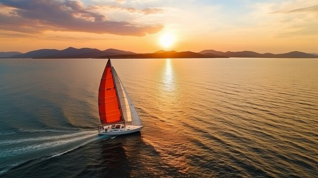aerial view Sailing boat sailing the sea at sunset