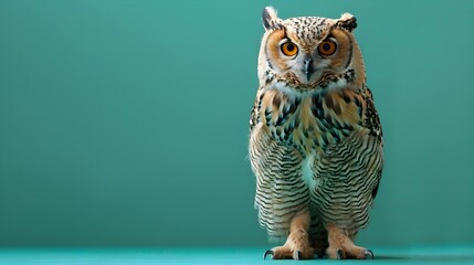 Majestic Owl Standing on a Wooden Floor with Brown Eyes - obrazy, fototapety, plakaty